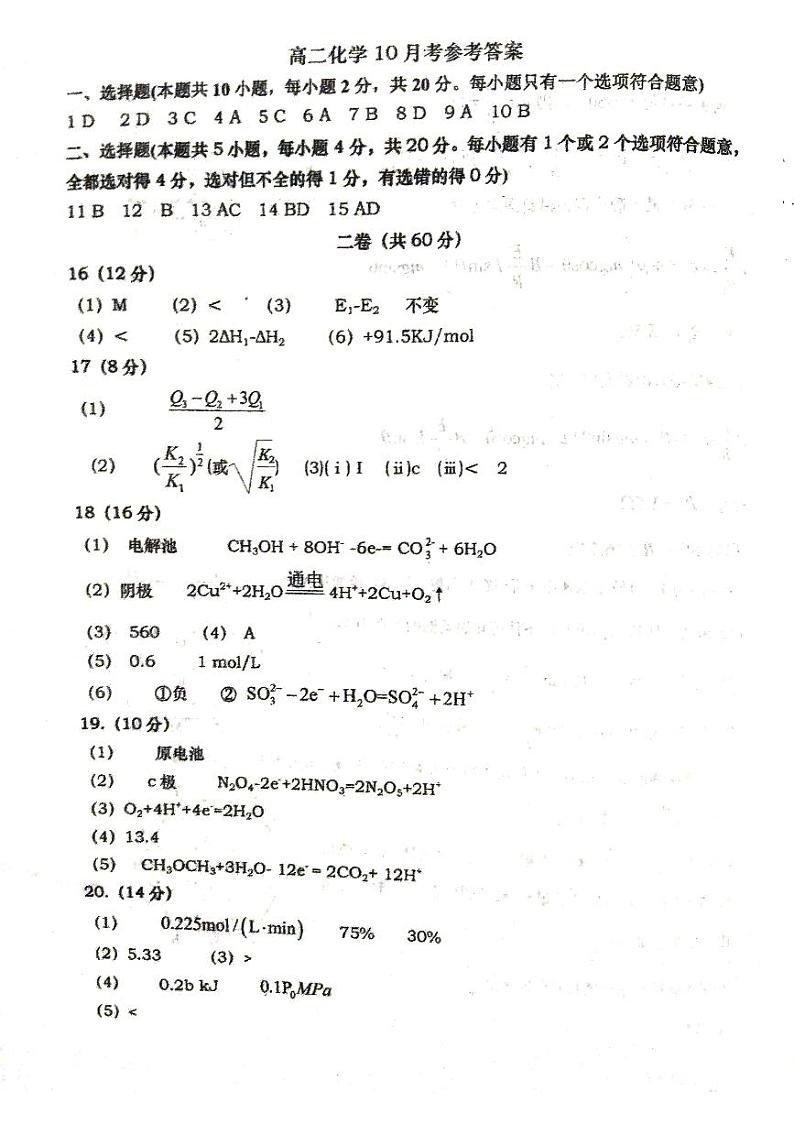 山东省青岛第六十七中学2024-2025学年高二上学期10月月考 化学试题01