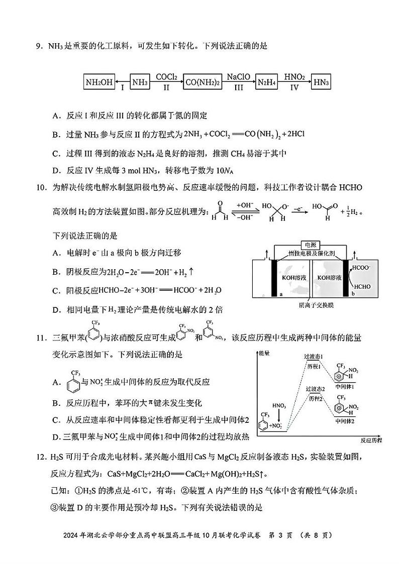 湖北省云学高中联盟2025届高三10月联考(一模)化学试题第3页