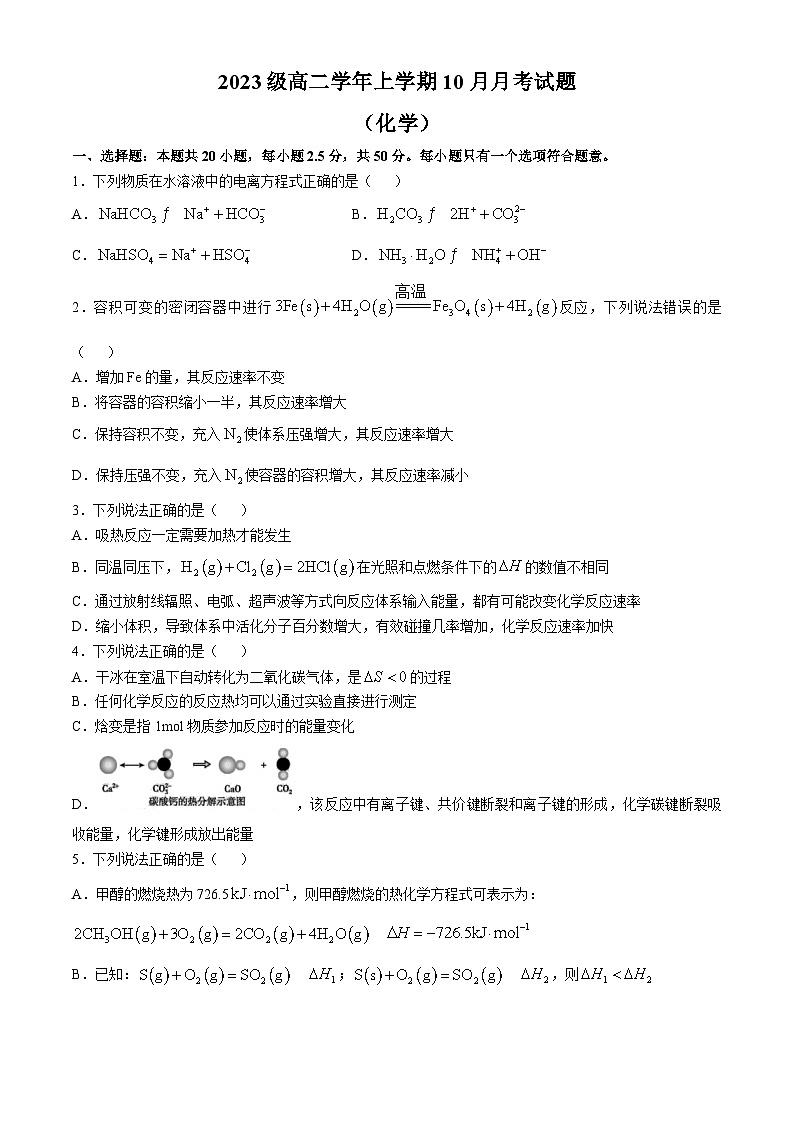 黑龙江省龙东联盟2024-2025学年高二上学期10月份月考化学试卷01