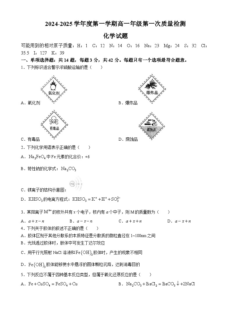 江苏省连云港市2024-2025学年高一上学期10月月考化学试题(无答案)01