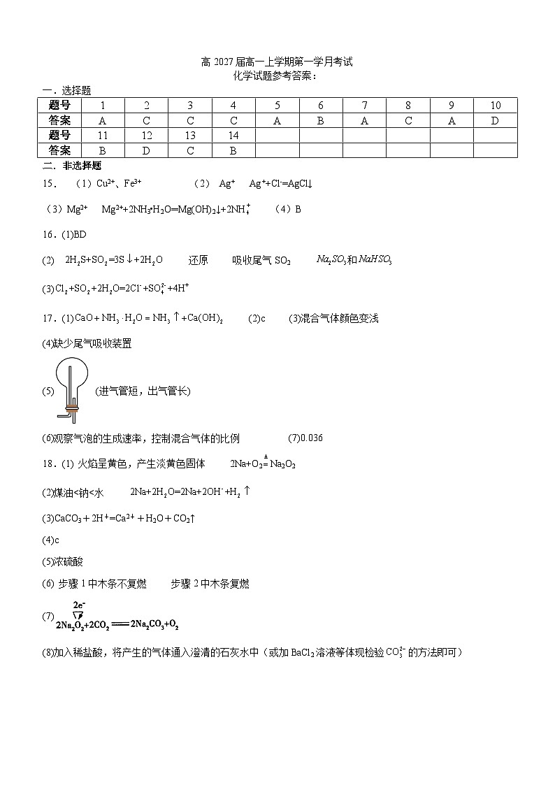 四川省泸州市泸县第五中学2024-2025学年高一上学期10月月考化学试题(Word版附答案)01