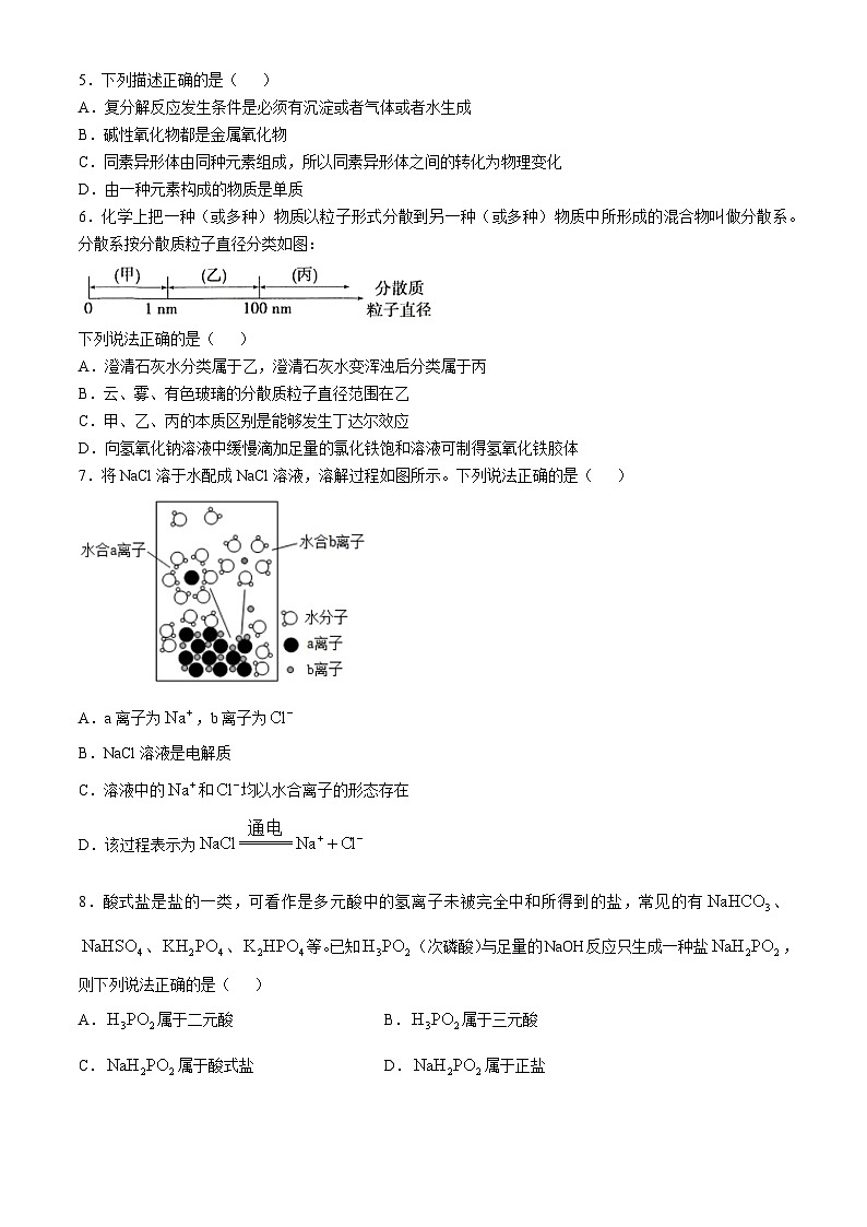天津市耀华中学2024-2025学年高一上学期第一次月考 化学试题(无答案)第2页