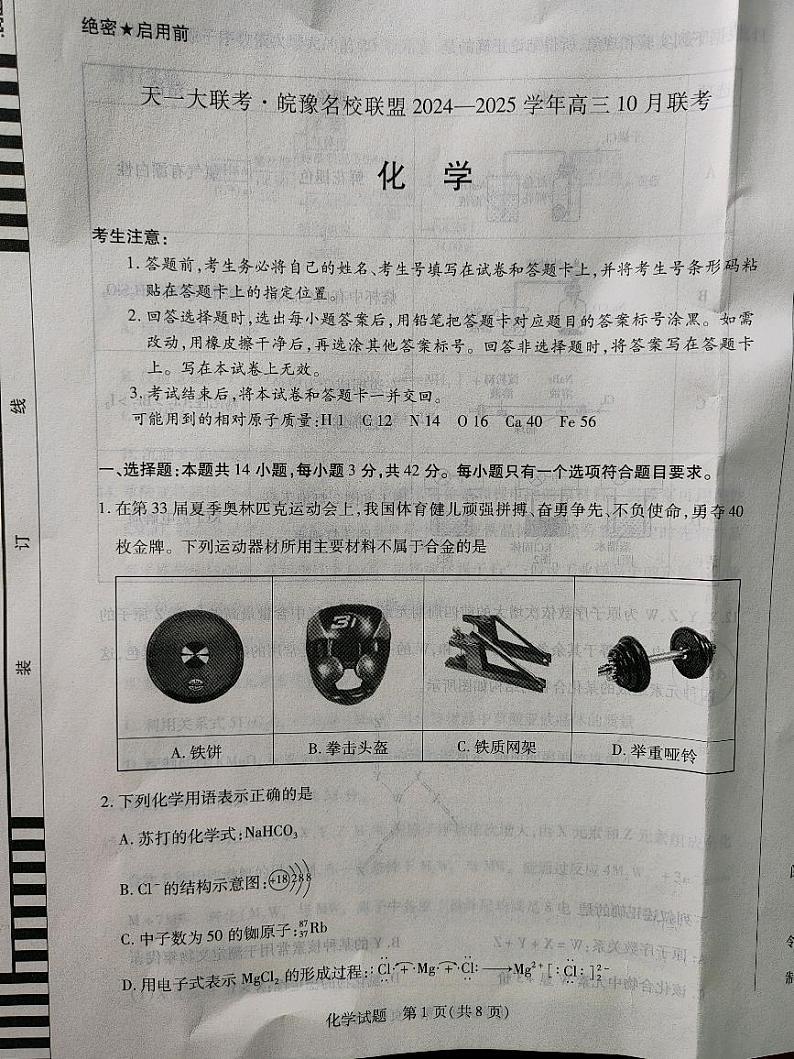 安徽省皖豫名校联盟2024-2025学年高三上学期10月月考化学试题01