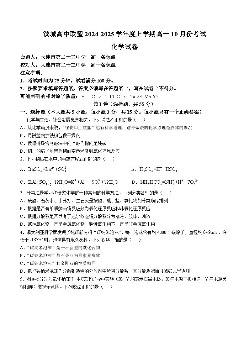 辽宁省大连市滨城高中联盟2024-2025学年高一上学期10月份考试 化学试卷第1页