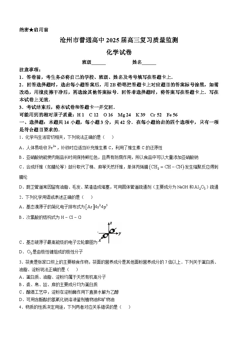 河北省沧州市普通高中2024-2025学年高三上学期10月月考 化学试题第1页