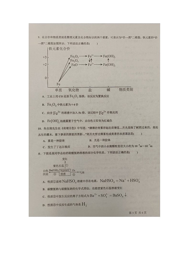 广西来宾市忻城县高级中学2024-2025学年高一上学期10月月考 化学试题第3页
