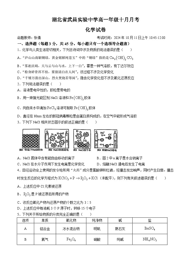 湖北省武昌实验中学2024-2025学年高一上学期10月月考化学试题(无答案)第1页