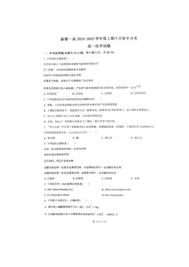 河南省驻马店市新蔡县第一高级中学2024-2025学年高一上学期10月月考 化学试卷01