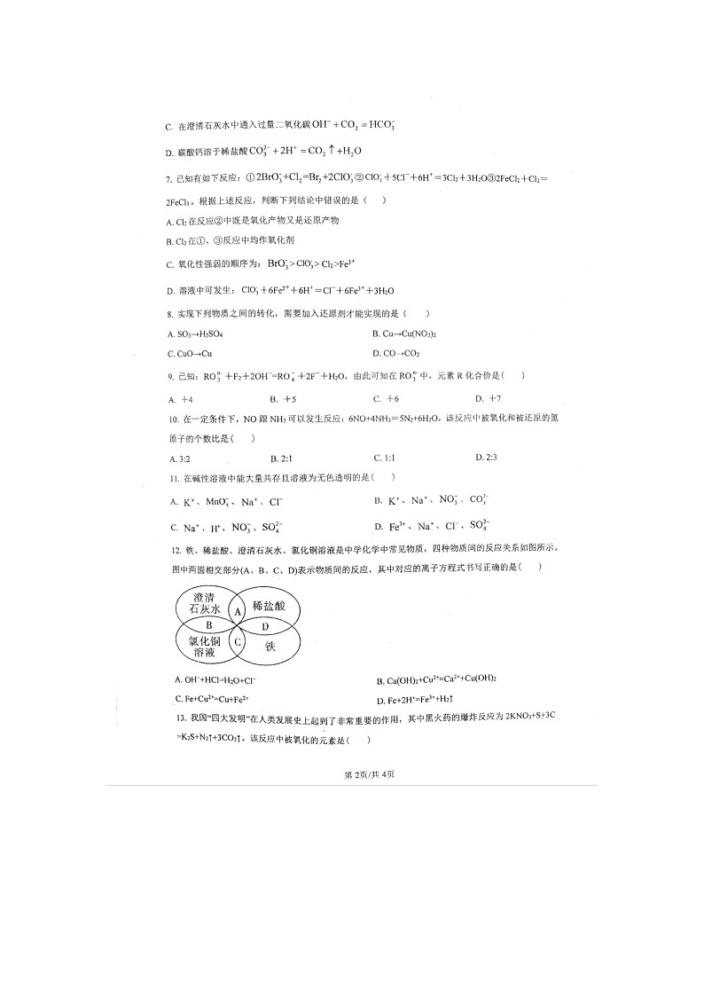 河南省驻马店市新蔡县第一高级中学2024-2025学年高一上学期10月月考 化学试卷02