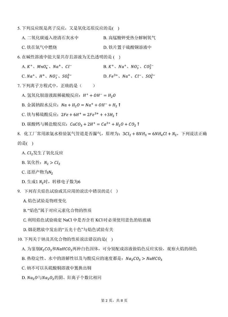 广东省江门市新会第一中学2024-2025学年高一上学期第一次月考化学试题第2页