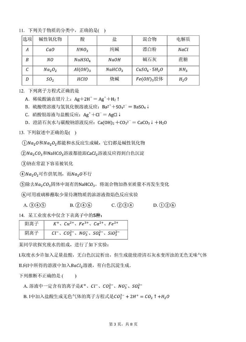 广东省江门市新会第一中学2024-2025学年高一上学期第一次月考化学试题第3页