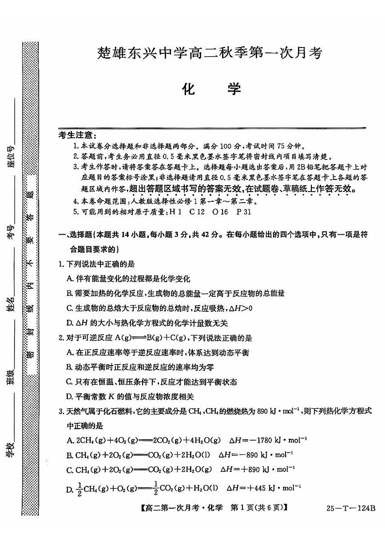 云南省楚雄东兴中学2024-2025学年高二上学期10月第一次月考化学试题01