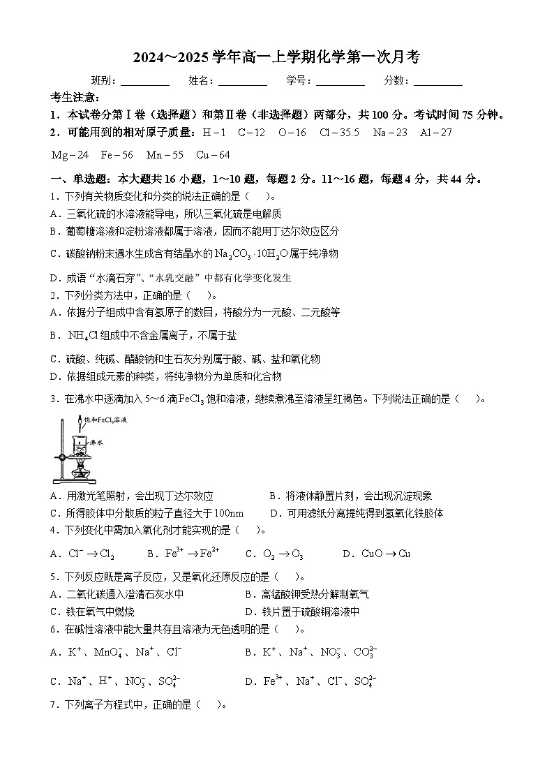 广东省江门市新会第一中学2024-2025学年高一上学期第一次月考 化学试题第1页
