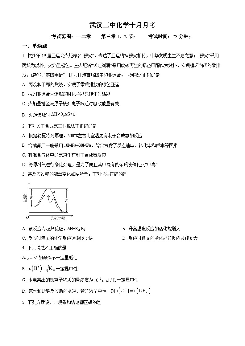 湖北省武汉市第三中学2024-2025学年高二上学期10月月考 化学试题 Word版无答案第1页