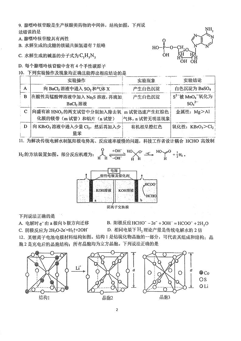 华中师大一附中2024~2025学年度第一学期高三年级十月月度检测化学试卷第2页