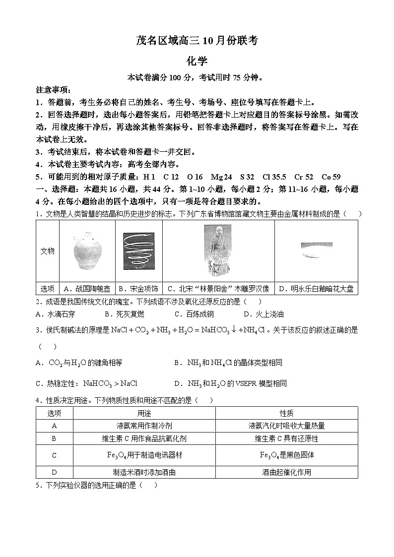 广东省茂名市区域2024-2025学年高三上学期10月联考化学试题Word版附答案01