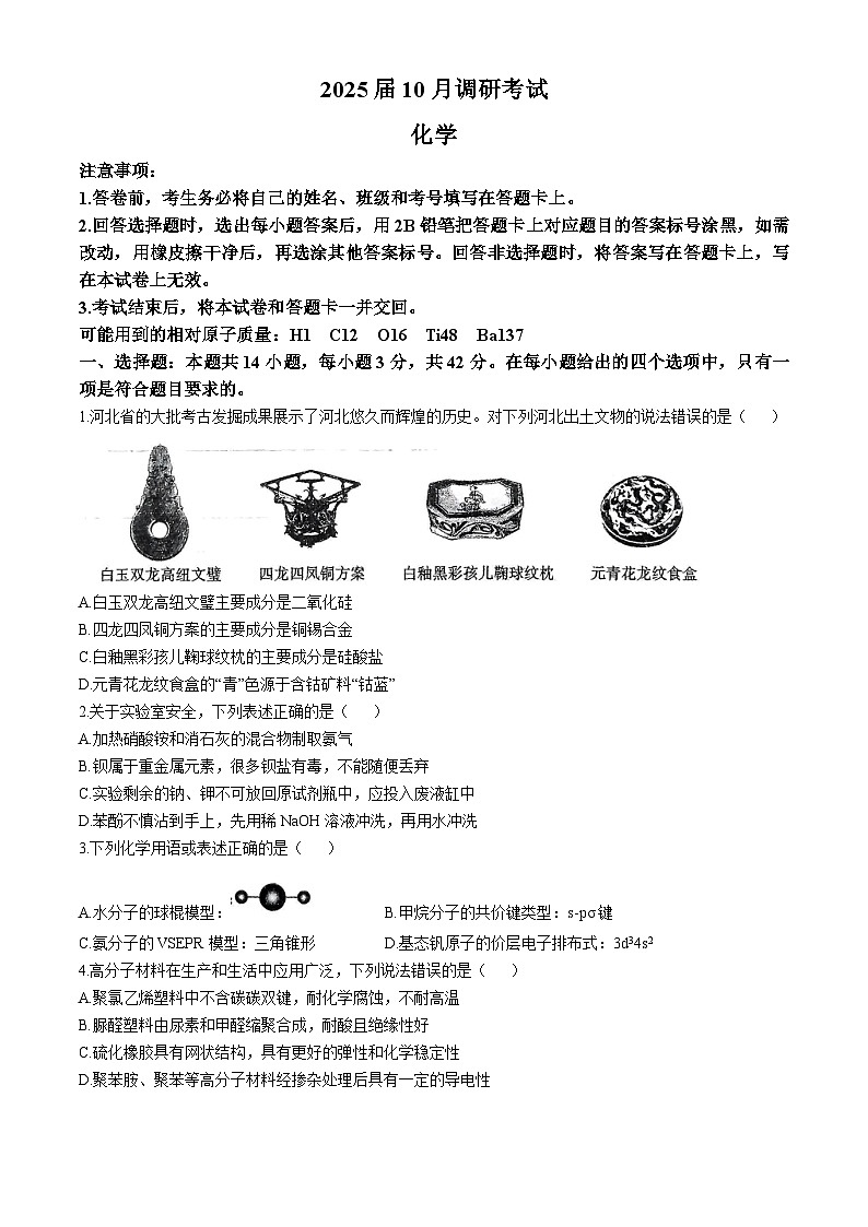 河北省保定市定州市第二中学2024-2025学年高三上学期10月联考 化学试题01