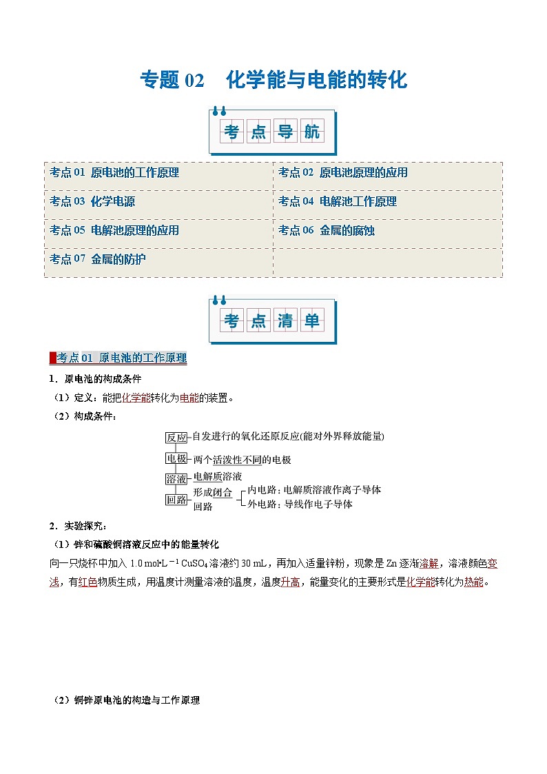 专题02 化学能与电能的转化(考点清单)-2024-2025学年高二化学上学期期中考点大串讲(苏教版2019)第1页