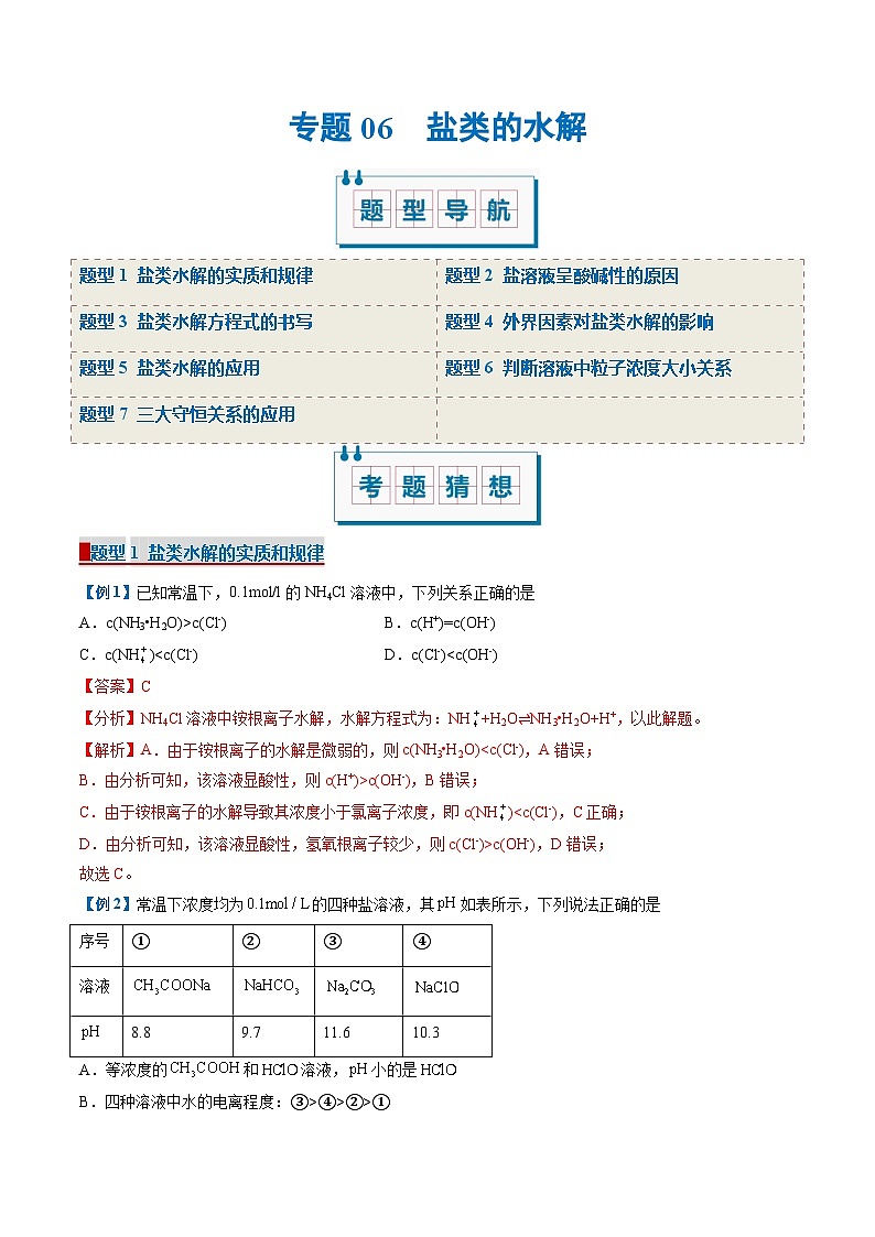 专题06 盐类的水解(考题猜想)(7大题型)-2024-2025学年高二化学上学期期中考点大串讲(人教版2019选择性必修1)01
