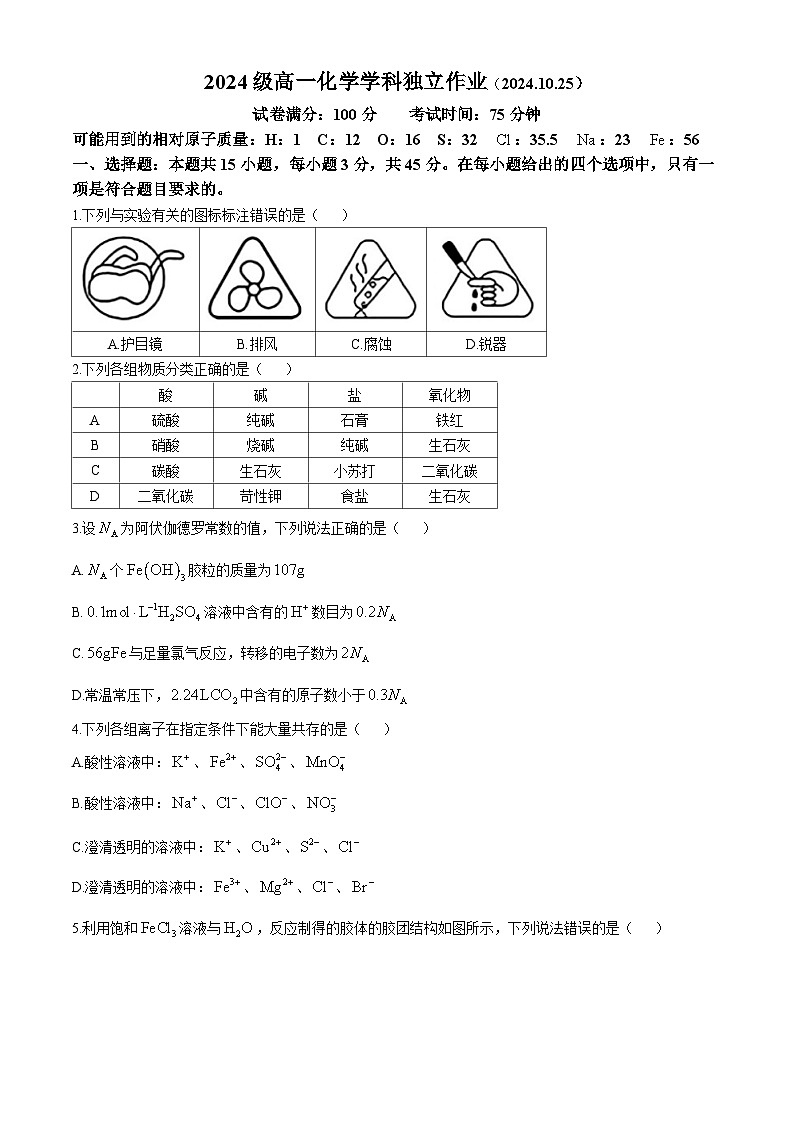 湖北省华中师范大学第一附属中学2024-2025学年高一上学期10月月考 化学试题第1页