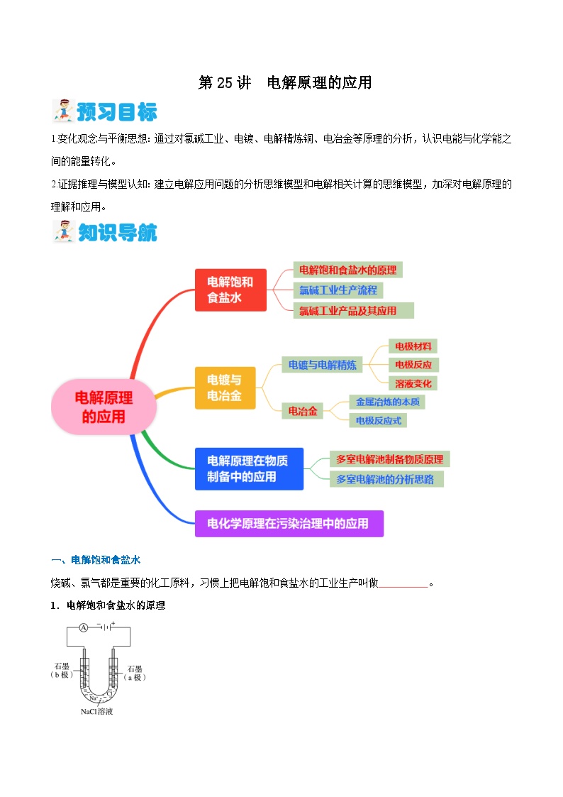 第25讲 电解原理的应用 （原卷版）-2024年新高二化学暑假讲义+习题（人教版2019选择性必修1）