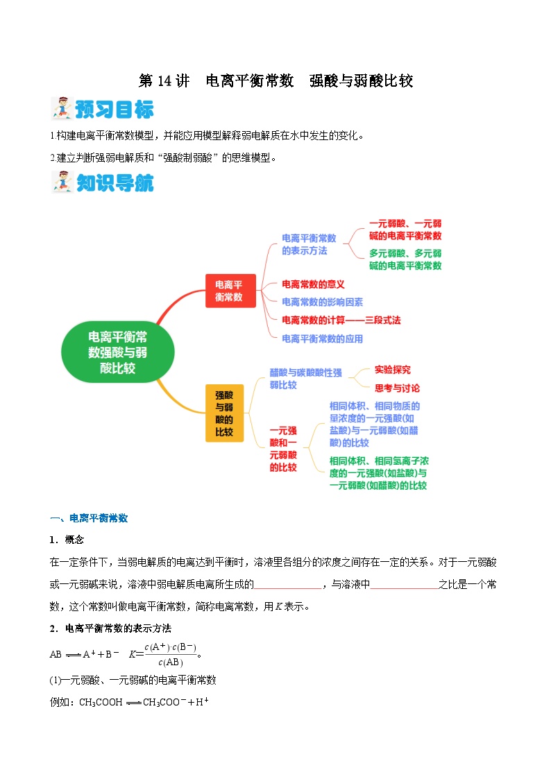 第14讲 电离平衡常数　强酸与弱酸比较 （原卷版）-2024年新高二化学暑假讲义+习题（人教版2019选择性必修1）