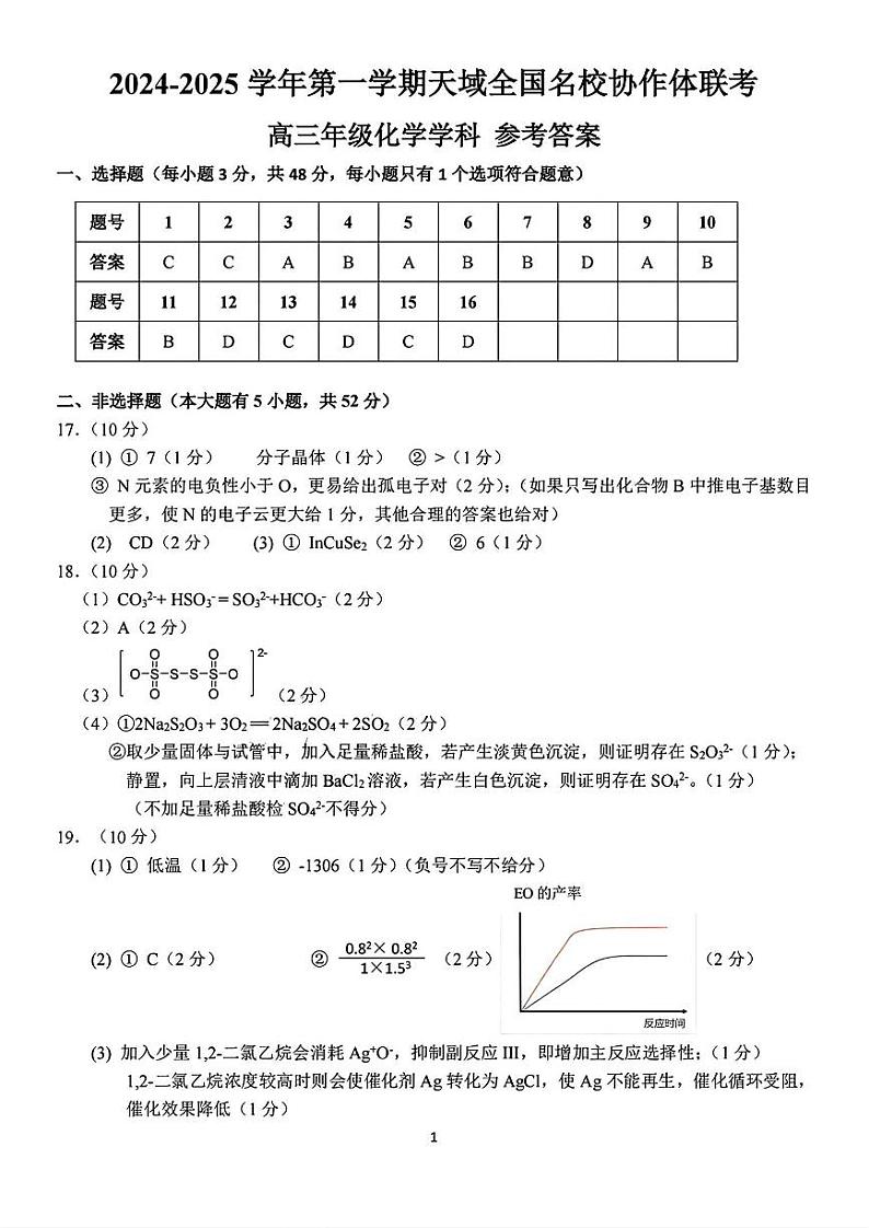 【百强校大联考】【浙江卷】2024-2025学年第一学期2025届天域全国名校协作体联考暨浙江省10月联考(10.6-10.8)             化学试卷答案第1页