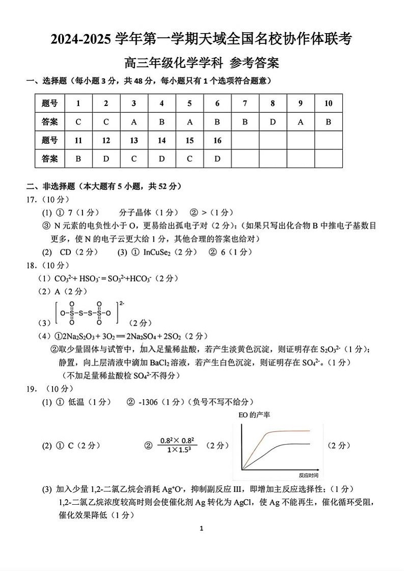 【百强校大联考】【浙江卷】2024-2025学年第一学期2025届天域全国名校协作体联考暨浙江省10月联考(10.6-10.8)             化学试卷答案第1页