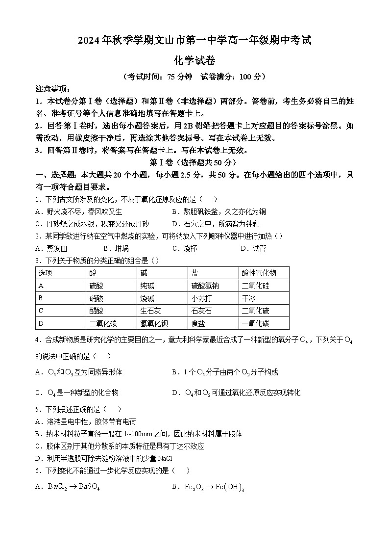 云南省文山市第一中学2024-2025学年高一上学期10月期中考试 化学试题(无答案)第1页