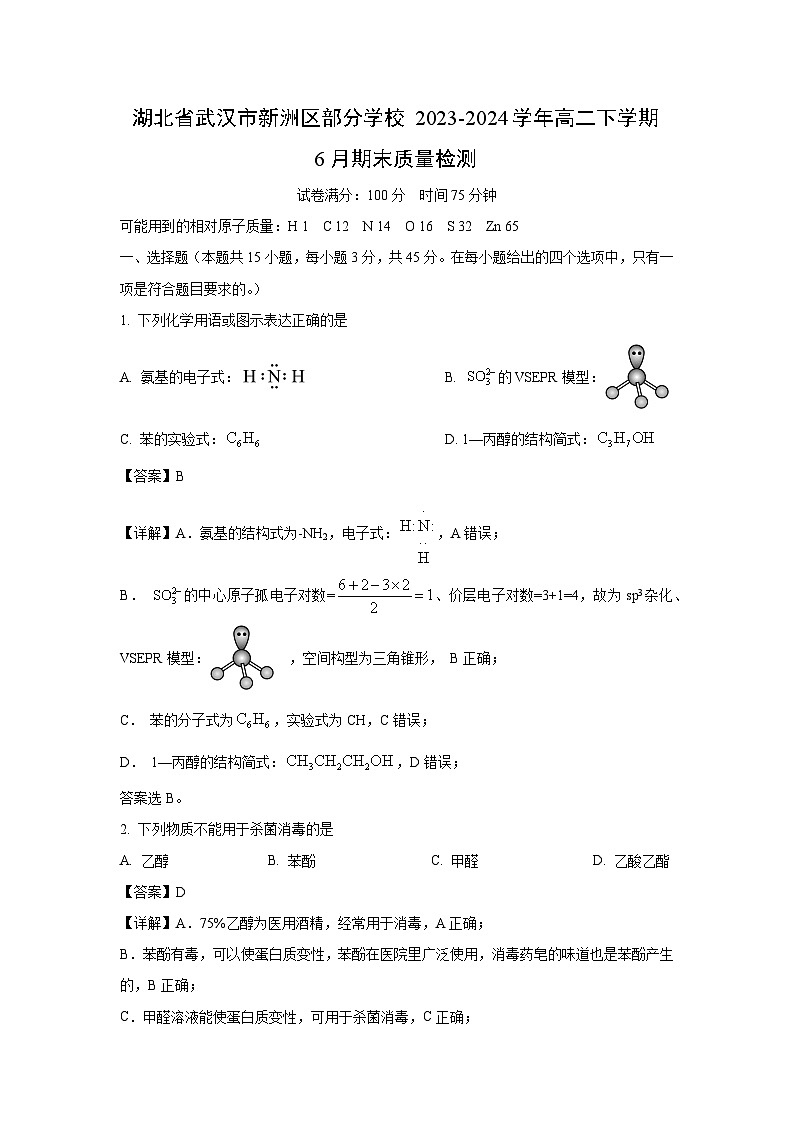 湖北省武汉市新洲区部分学校2023-2024学年高二下学期6月期末质量检测化学试卷(解析版)第1页