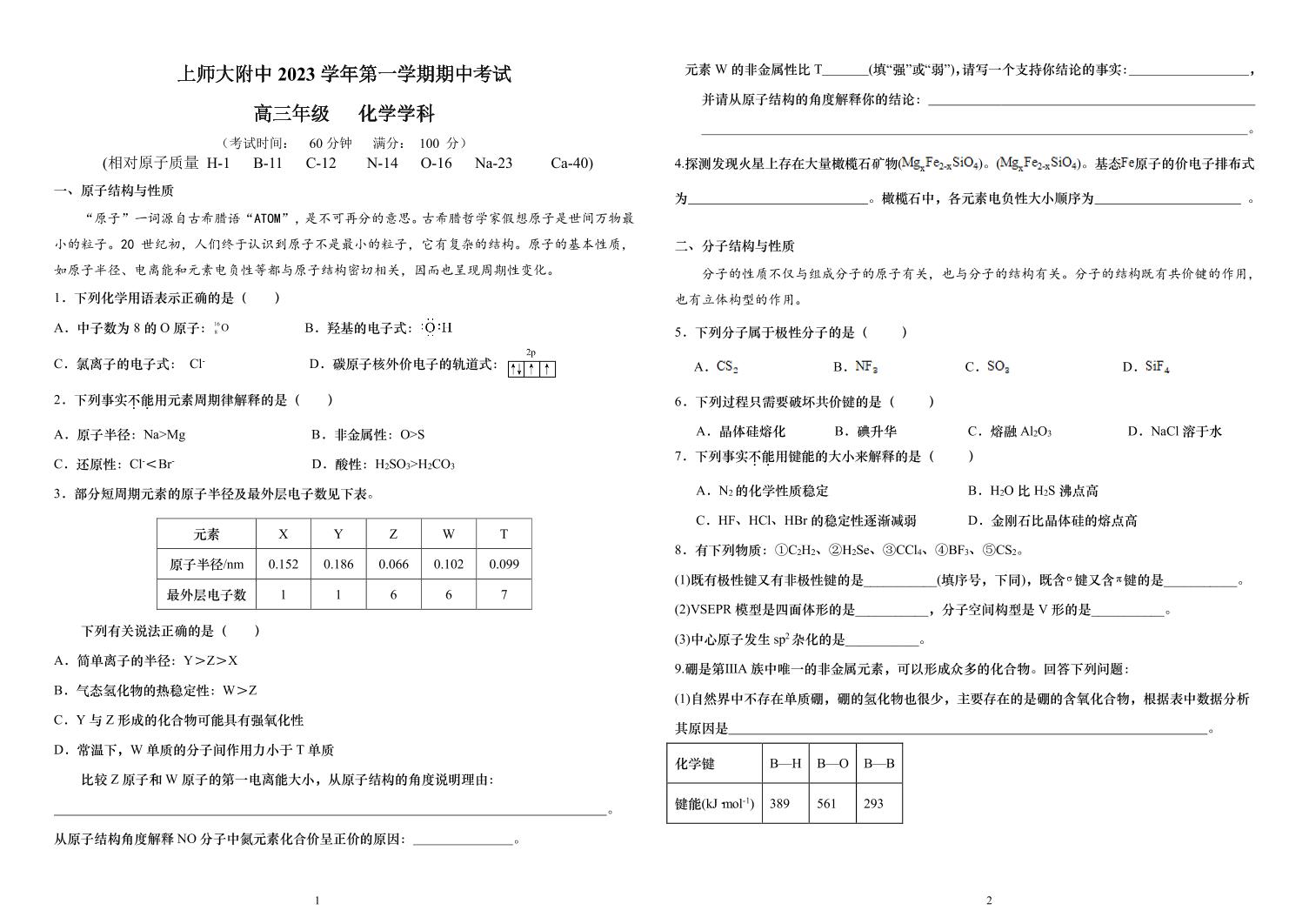 上海市上海师范大学附属中学2023-2024学年高三上学期期中考试 化学试题（PDF版，含答案）