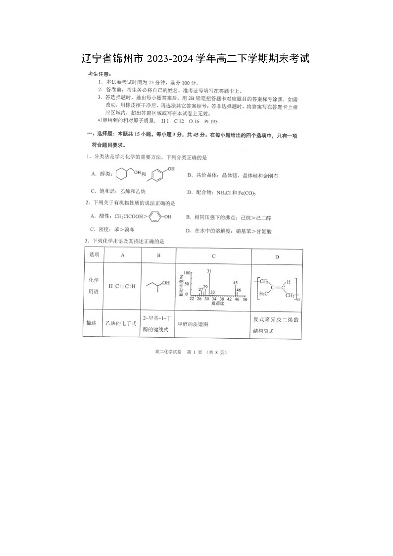 辽宁省锦州市2023-2024学年高二下学期期末考试(图片版)化学试卷第1页