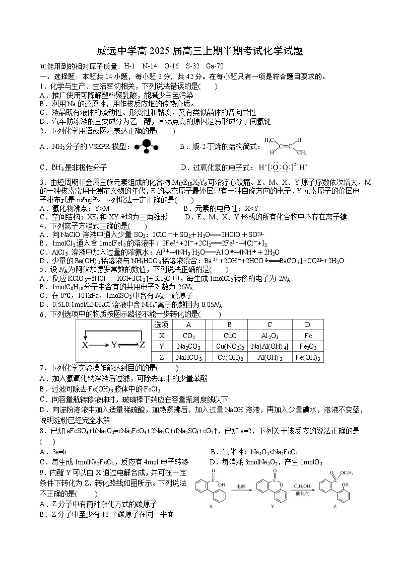 四川省内江市威远中学校2024-2025学年高三上学期期中考试 化学试题