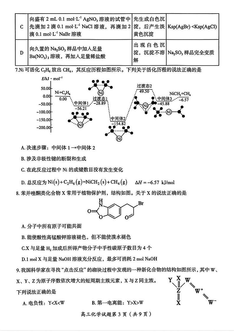 2025届湖南省郴州市高三上学期10月月考-化学试题+答案第3页