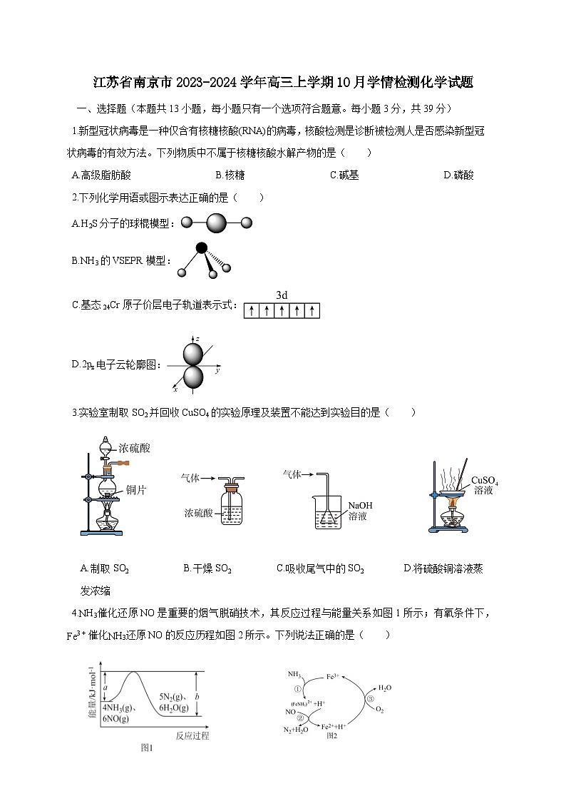 江苏省南京市2023-2024学年高三上册10月学情检测化学试题(附答案)01