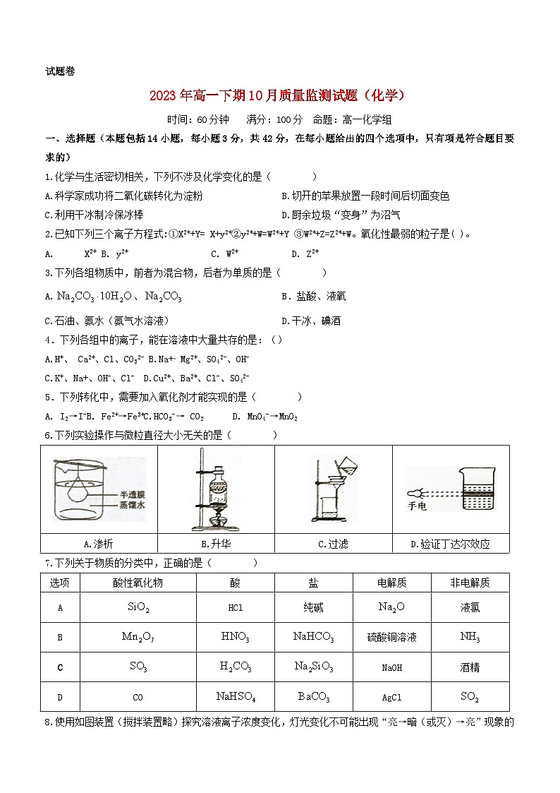 湖南省怀化市通道侗族自治县2023_2024学年高一化学上学期10月监测试题无答案第1页