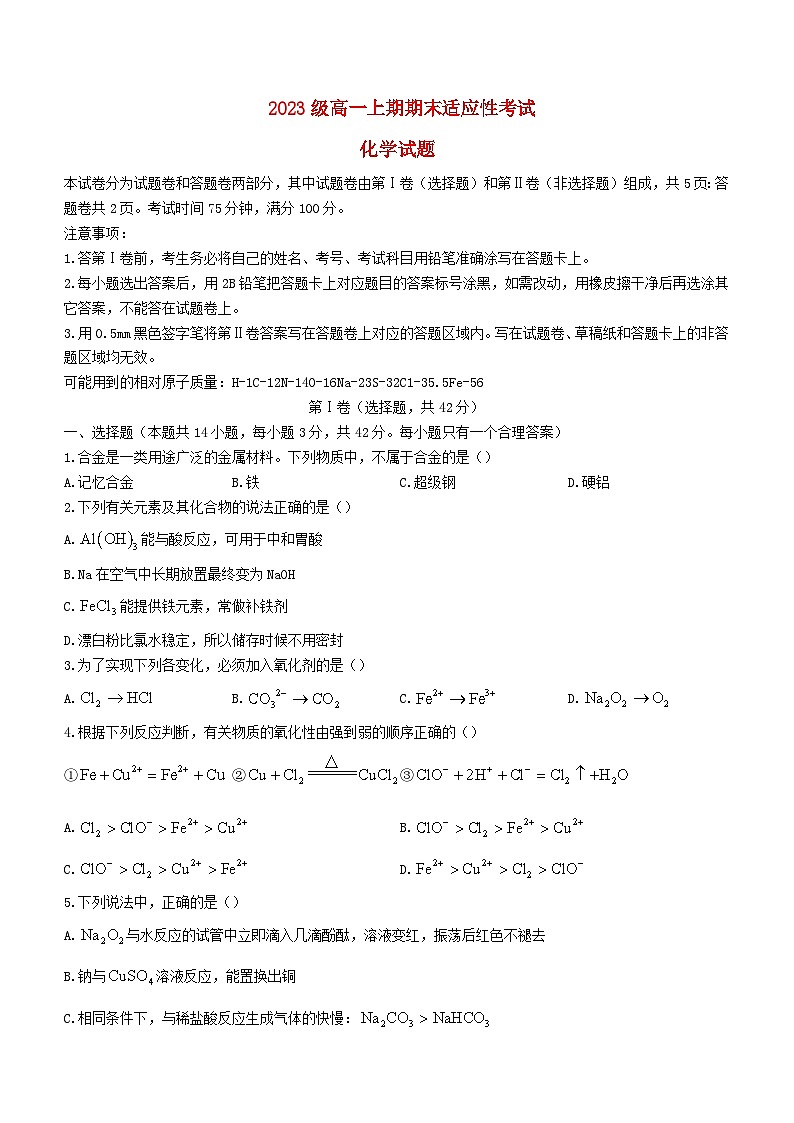 四川省绵阳市2023_2024学年高一化学上学期期末适应性考试无答案第1页