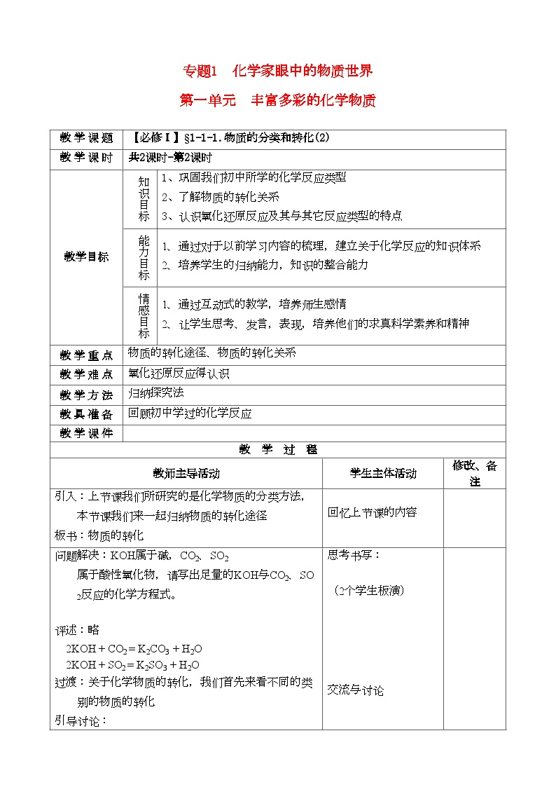 2022年高中化学物质的分类和转化教案苏教版必修1