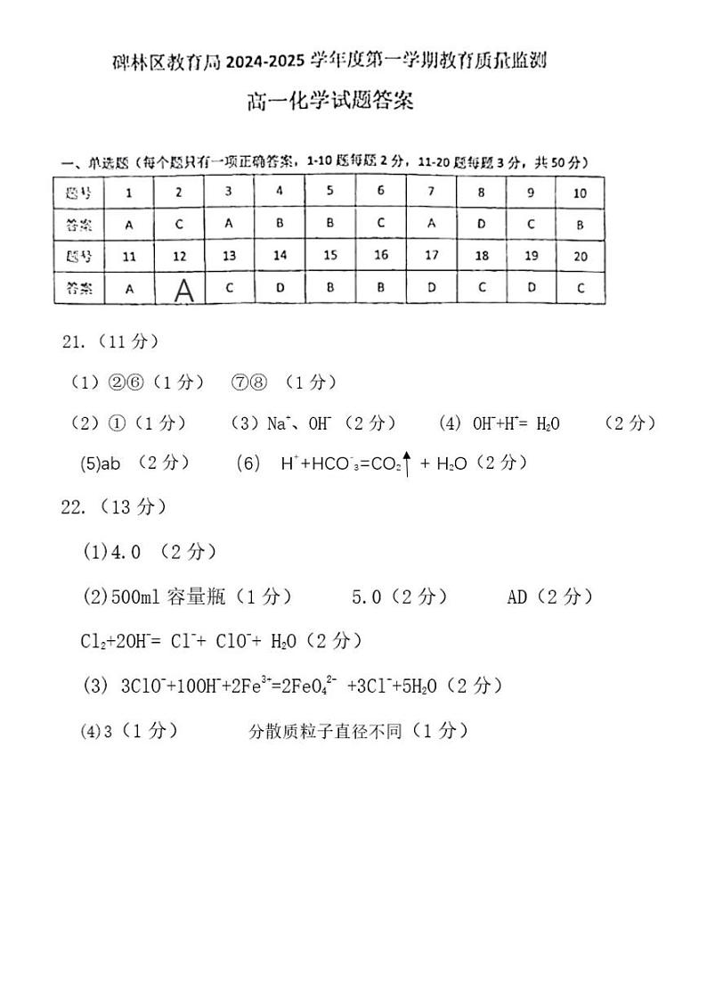 西安市碑林区2024-2025学年度高一全区统考化学答案.pdf第1页