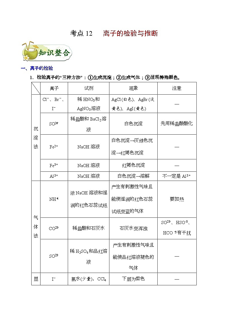 备战2025年高考化学考点一遍过考点12离子的检验与推断教案(Word版附解析)01
