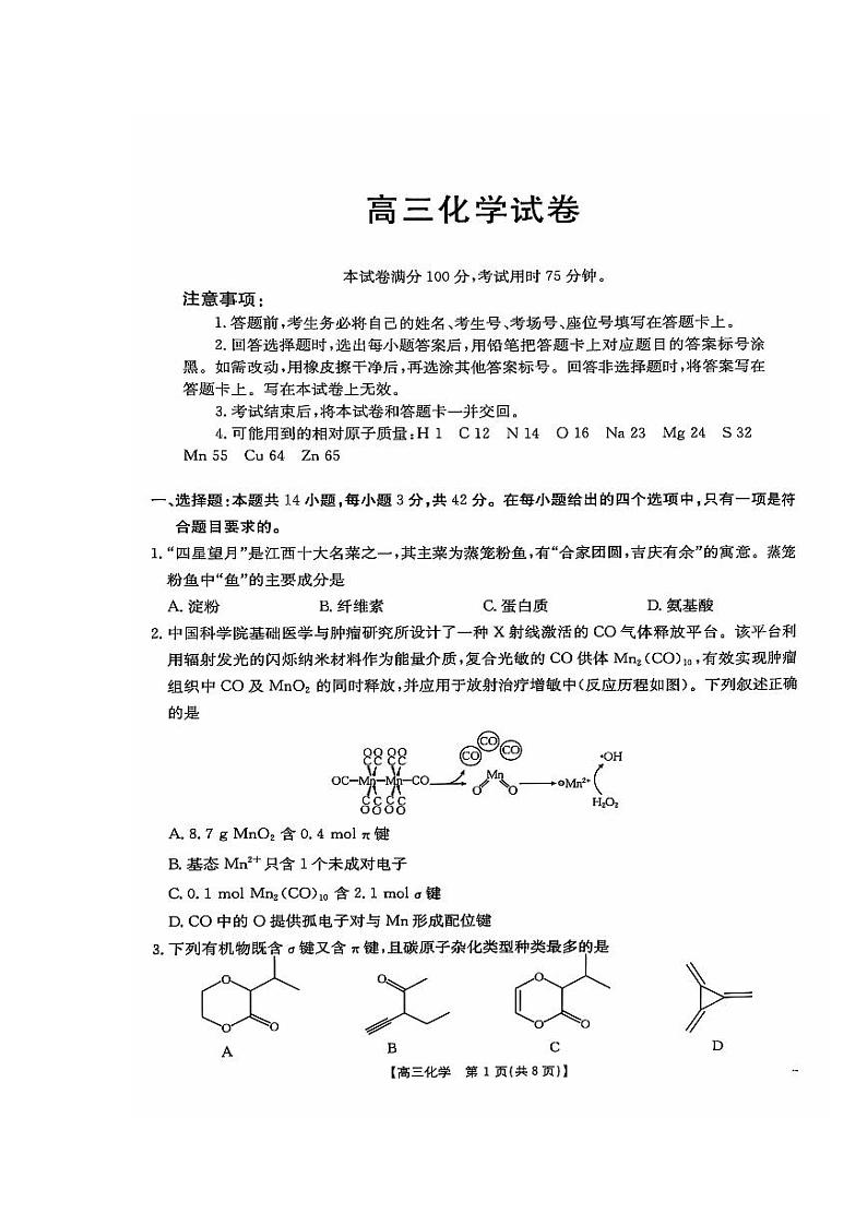 江西省部分高中学校2024-2025学年高三上学期10月联考化学试题01