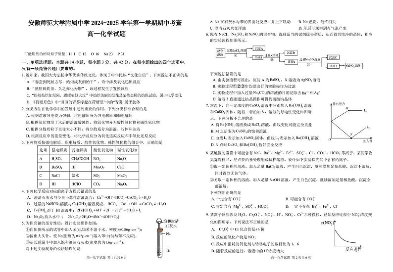 安徽师大附中2024年高一11月期中考试化学试题第1页