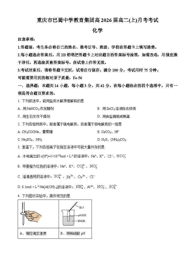 重庆市巴蜀中学2024-2025学年高二上学期10月月考化学试题无答案第1页