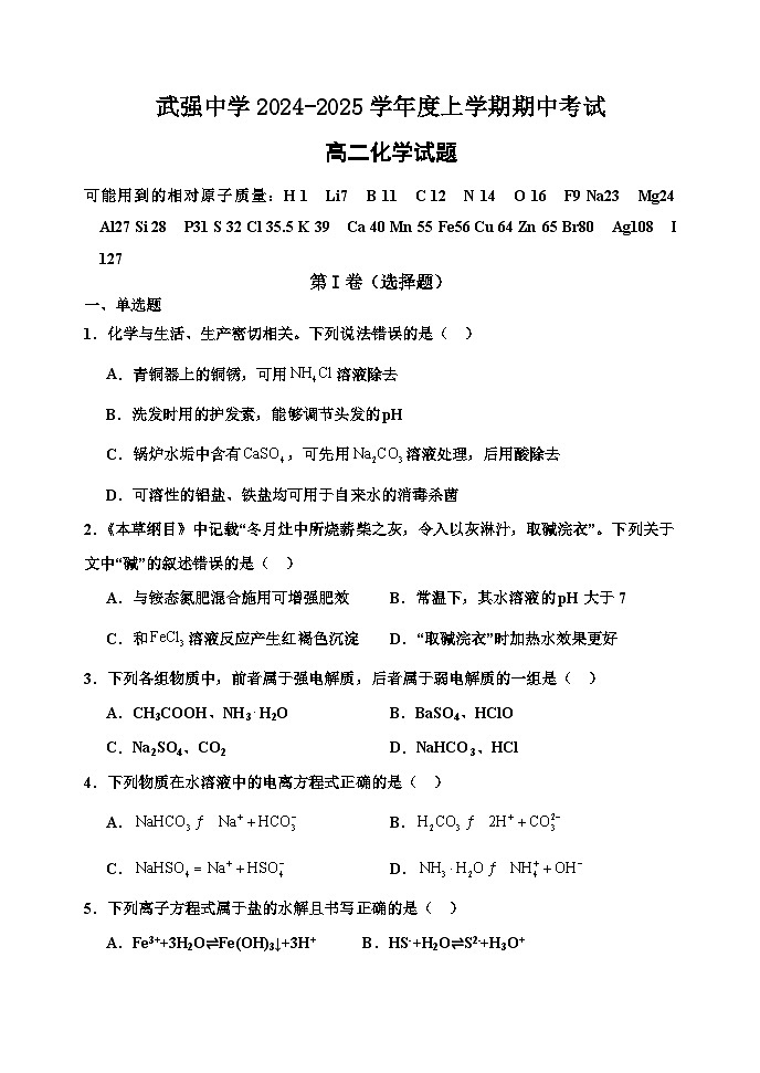 河北省衡水市武强中学2024-2025学年高二上学期期中考试化学试题第1页