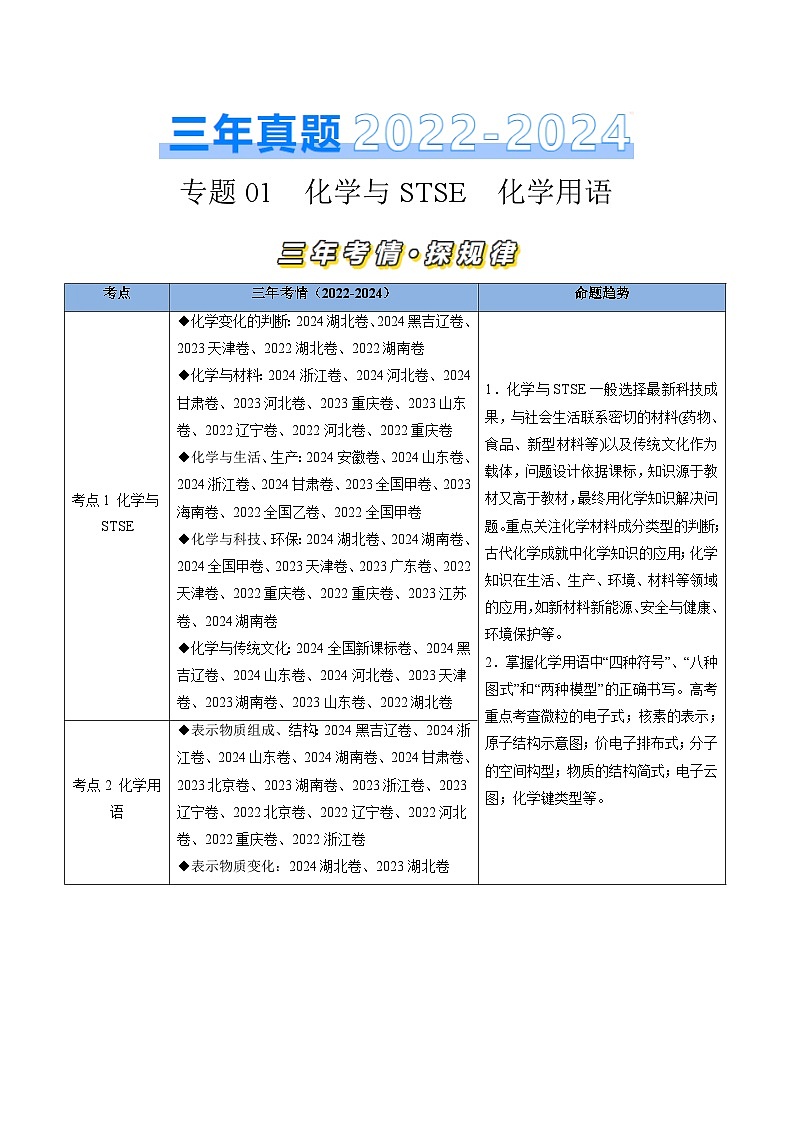 三年(2022-2024)高考化学真题分类汇编(全国通用)专题01 化学与STSE 化学用语第1页