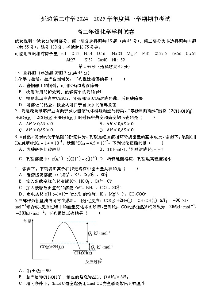 吉林省延边第二中学2024-2025学年高二上学期11月期中考试 化学试题(含答案)第1页