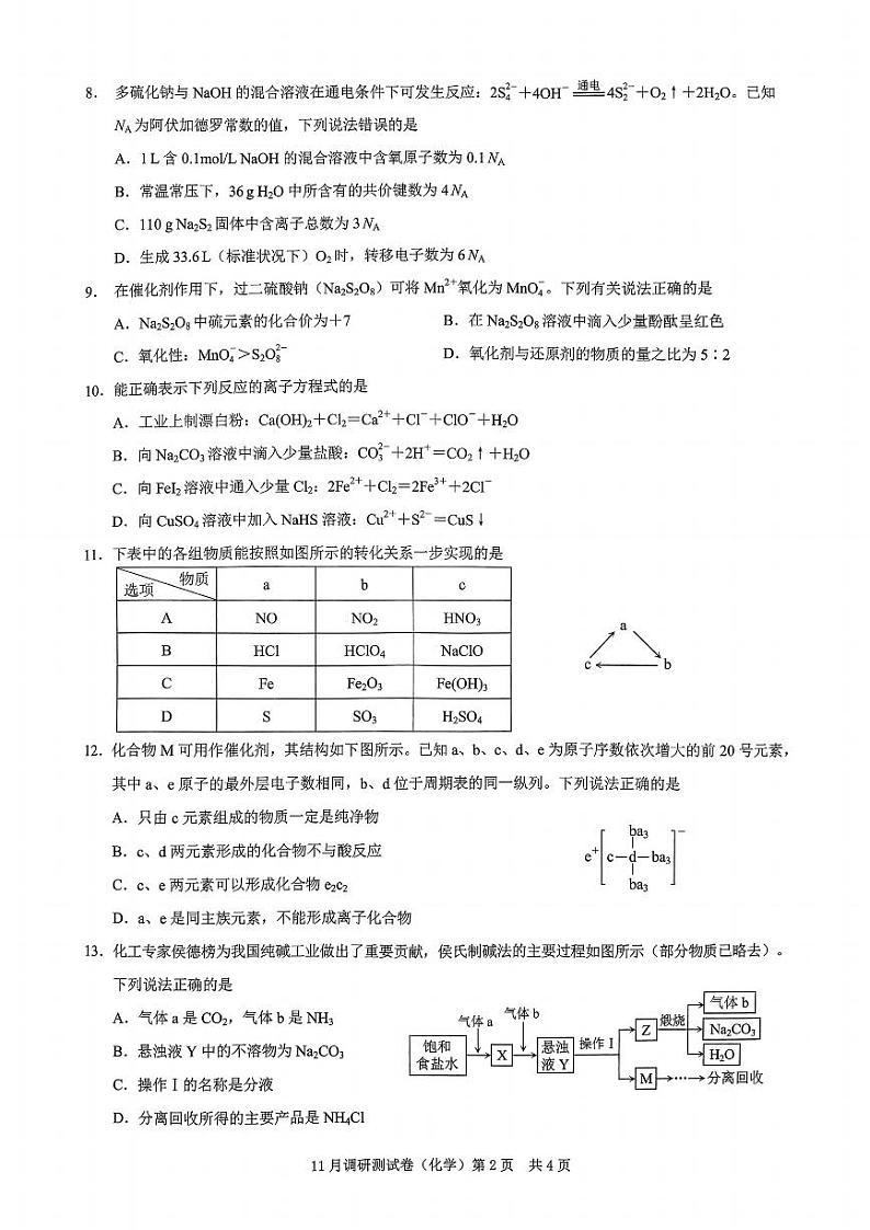 重庆市2024-2025学年高三上学期11月期中考试(康德卷)化学试卷(PDF版附答案)第2页