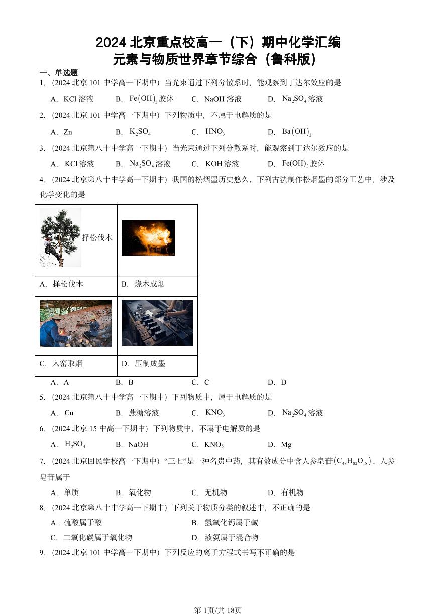 2024北京重点校高一（下）期中真题化学汇编：元素与物质世界章节综合（鲁科版）