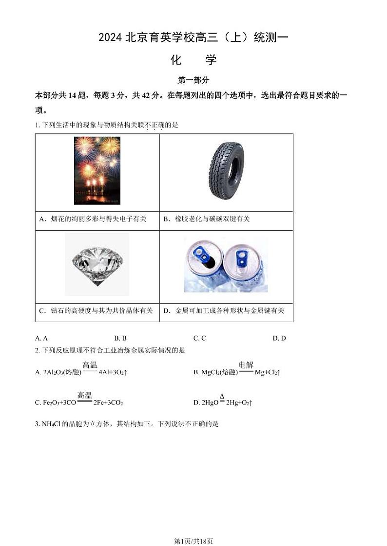 2024北京育英学校高三(下)统测一化学试题及答案第1页