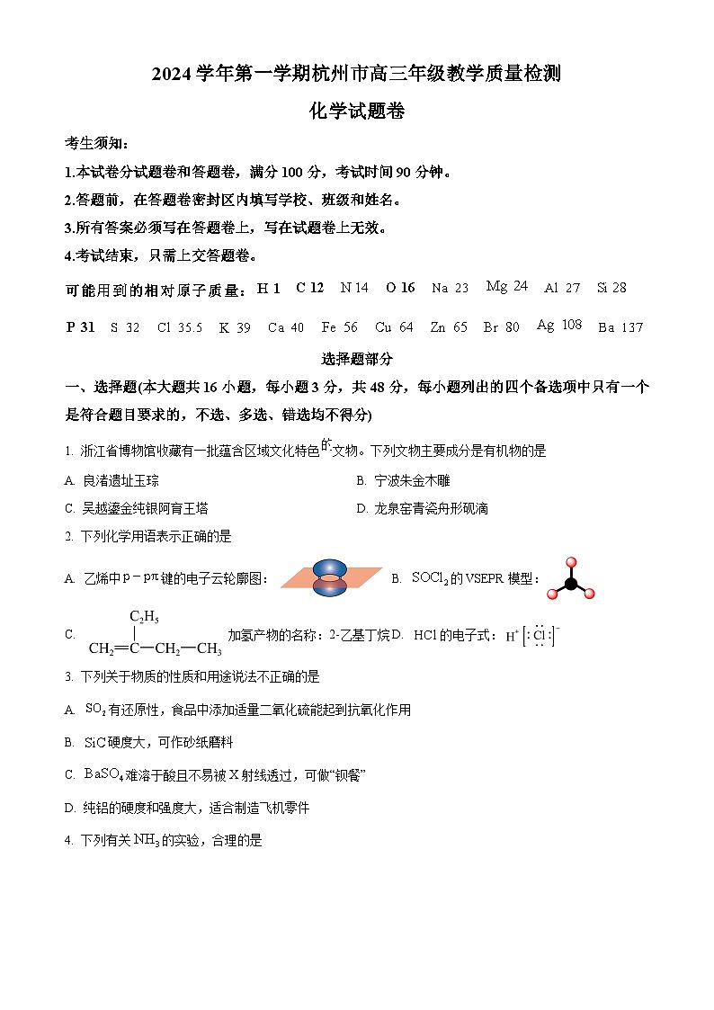 浙江省杭州市2024-2025学年高三上学期一模化学试题无答案第1页